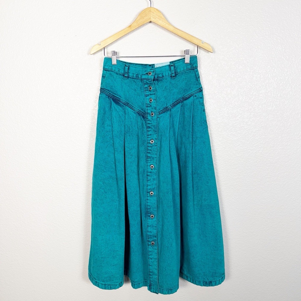 80s Boho Western Vintage Sundance Size 7/8 Womens Teal Acid Wash Midi Jean Skirt